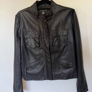 Lucky Brand Black Leather Motorcycle Jacket with Zippered Front